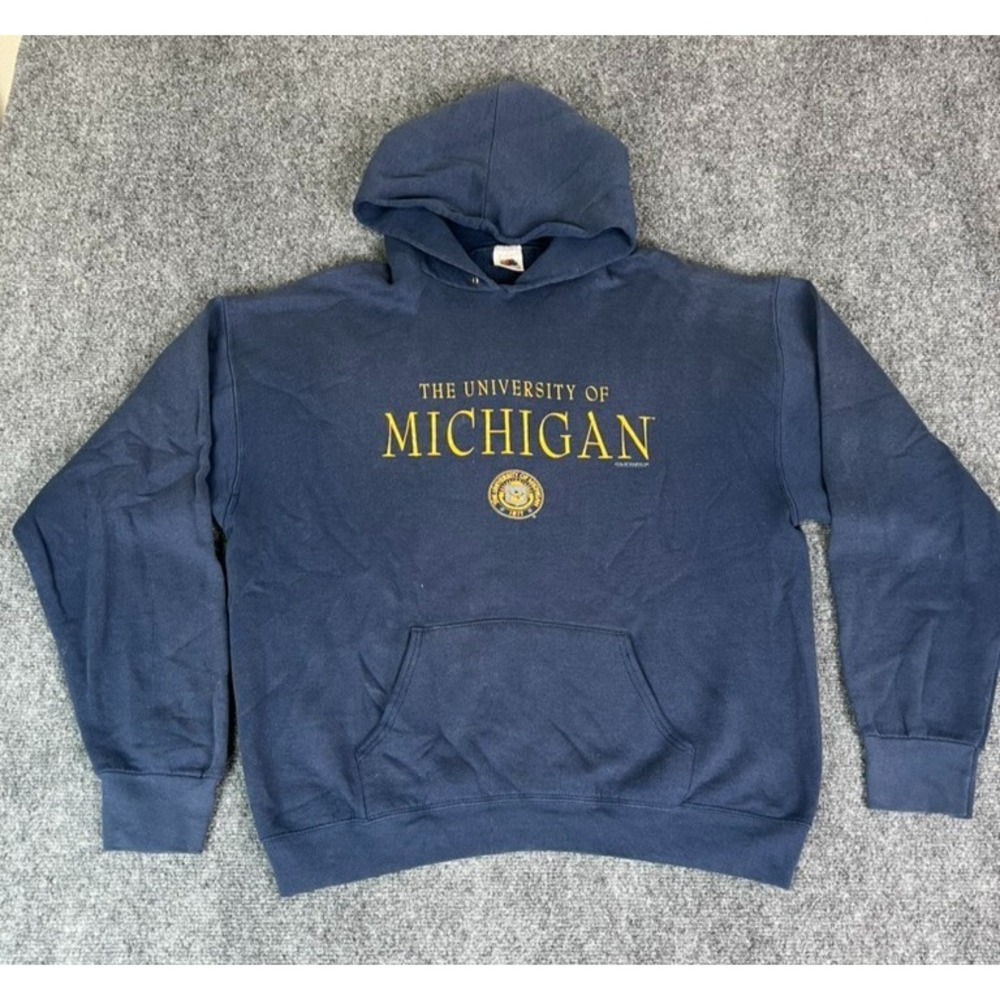 The Univercity Of Michigan Fruit Of‎ The Loom Blue Hoodie Made In USA Size XL